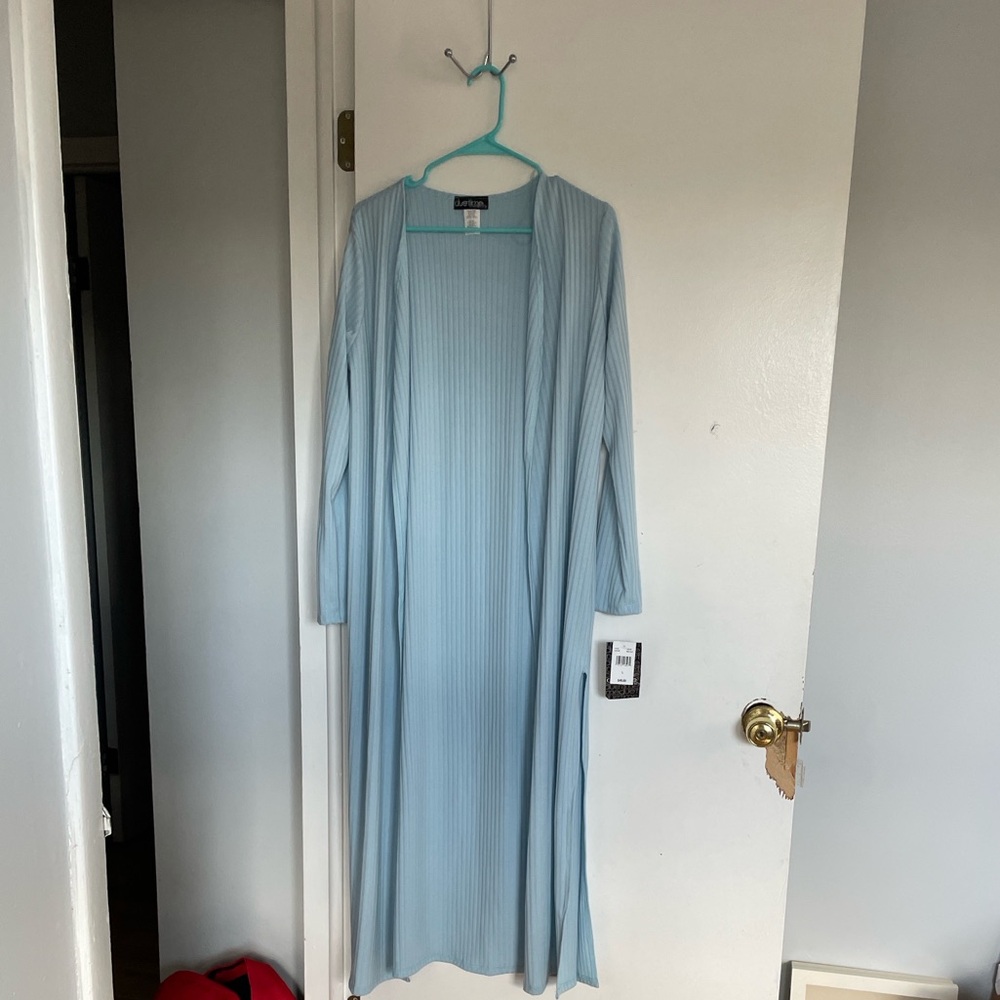 Light Blue Ribbed Long Duster maternity Cardigan